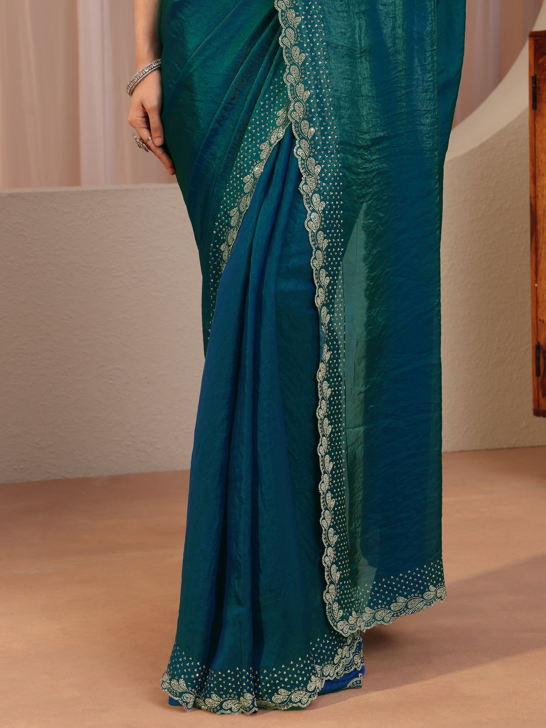 Pacific Blue Embellished Border Tissue Saree