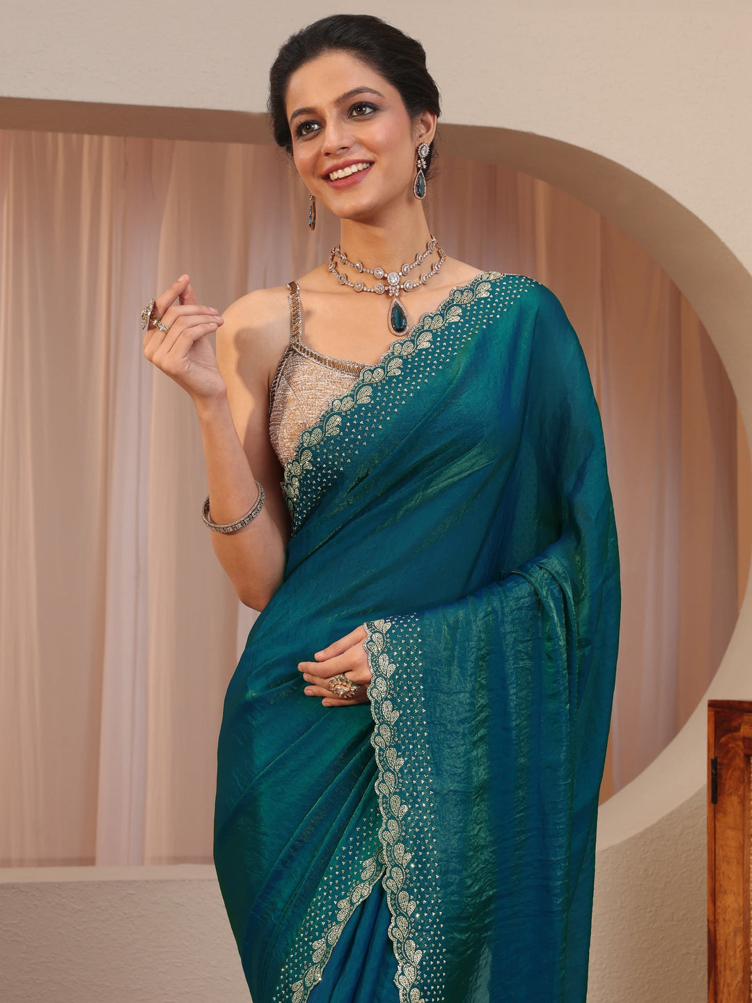 Pacific Blue Embellished Border Tissue Saree