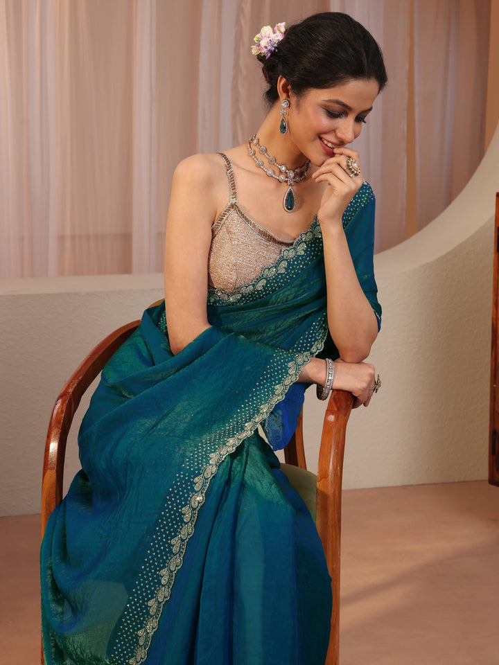 Pacific Blue Embellished Border Tissue Saree