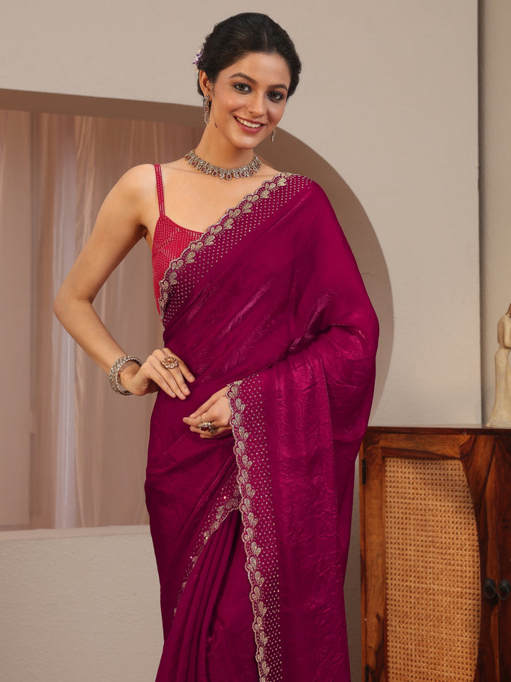 Magenta Pink Embellished Border Tissue Saree