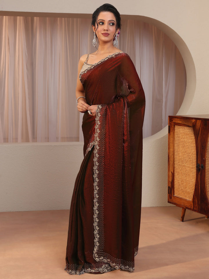 Maroon Embellished Border Tissue Saree