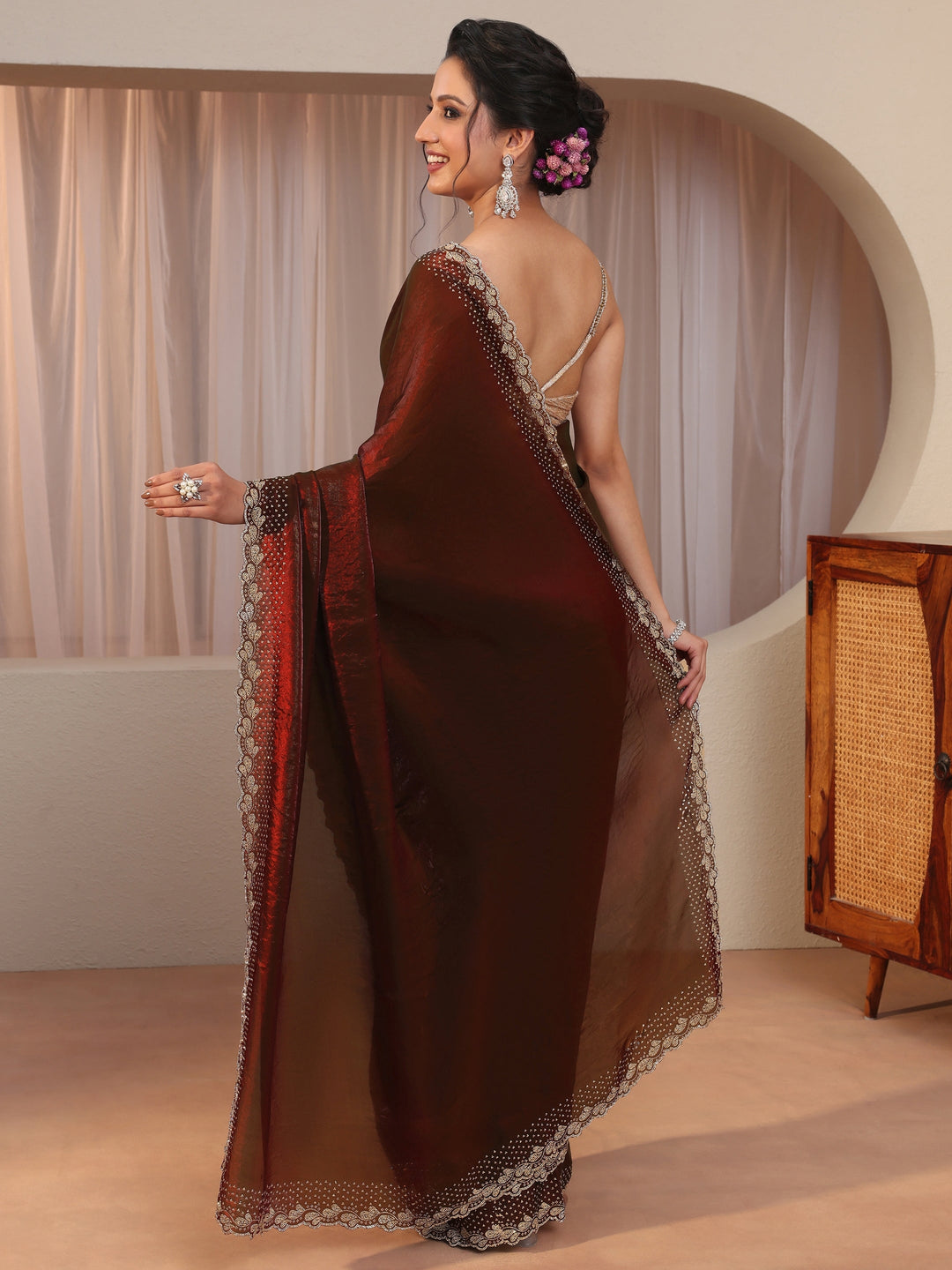 Maroon Embellished Border Tissue Saree