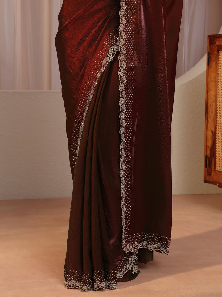 Maroon Embellished Border Tissue Saree