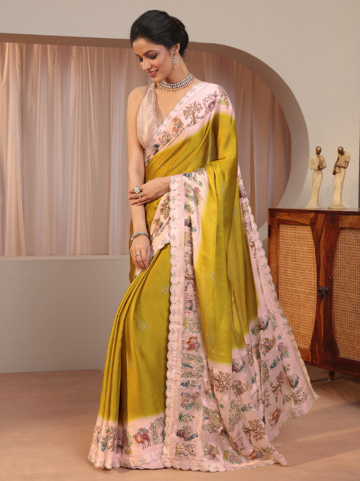 Mustard Chiffon Saree Wth Printed Border