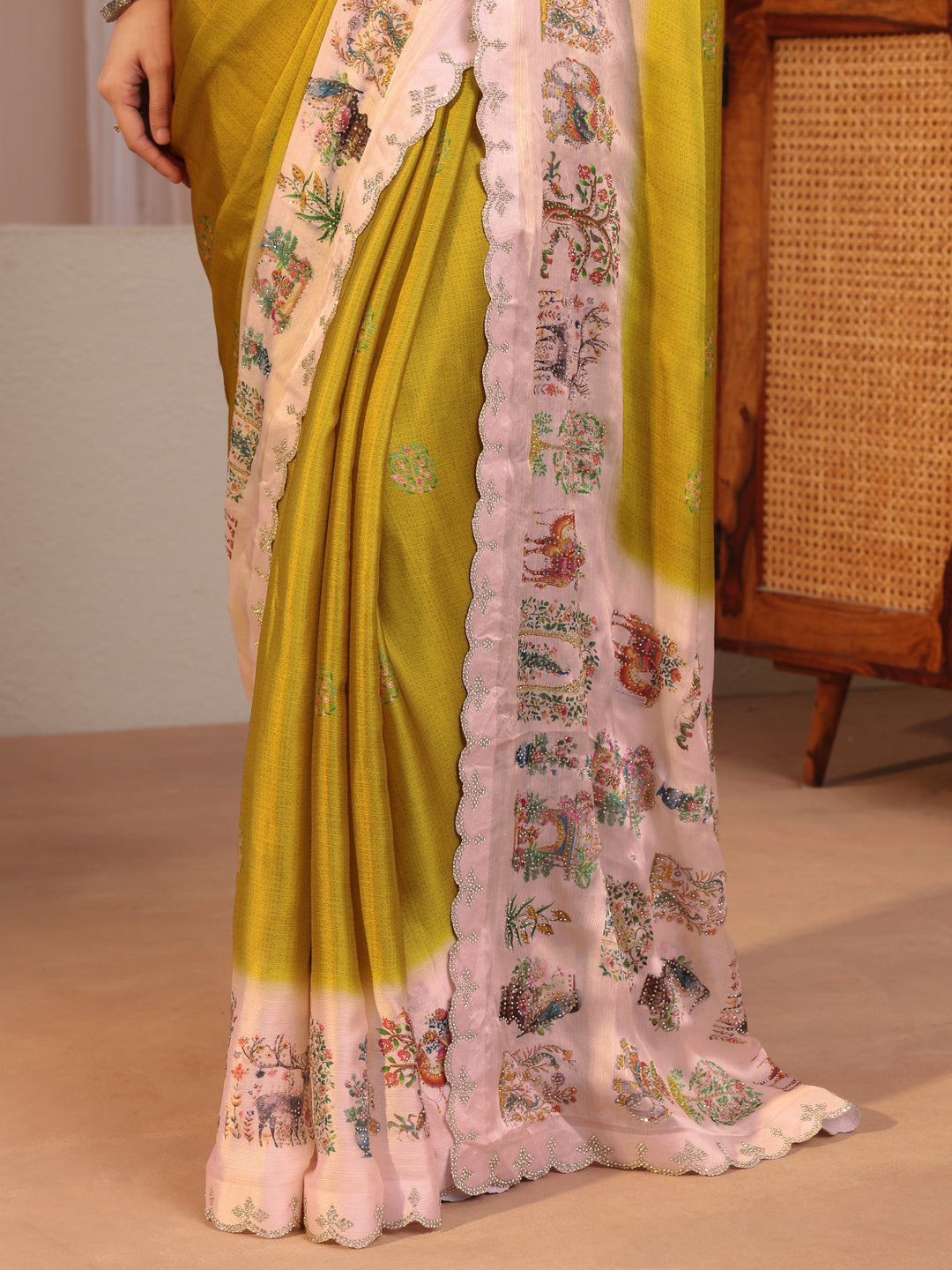 Mustard Chiffon Saree Wth Printed Border