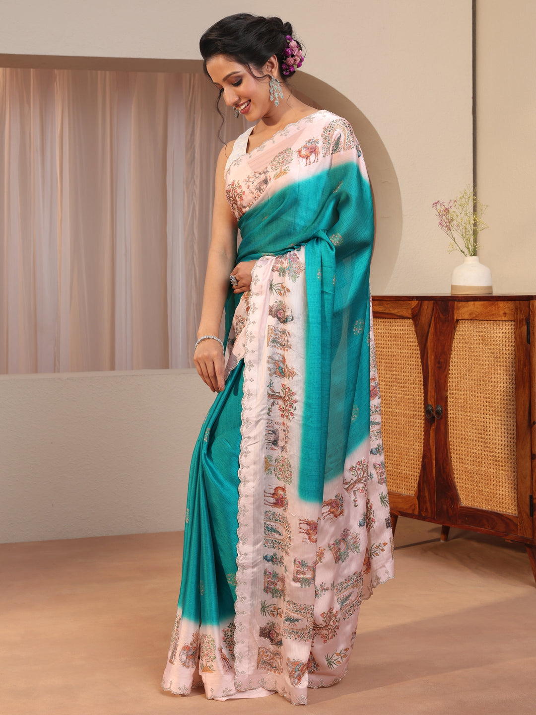 Cerulean Blue Chiffon Saree Wth Printed Border