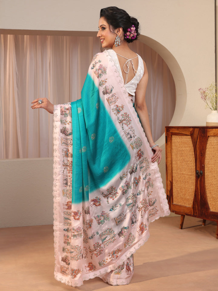 Cerulean Blue Chiffon Saree Wth Printed Border