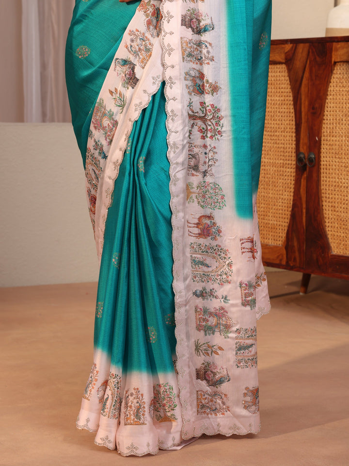 Cerulean Blue Chiffon Saree Wth Printed Border