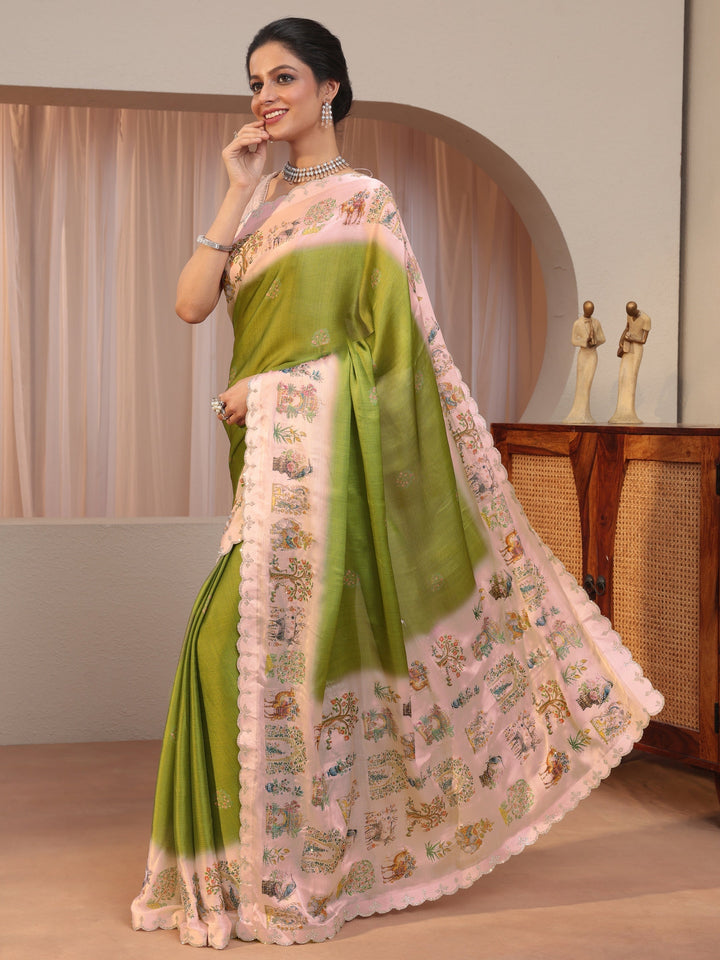 Fern Green Chiffon Saree Wth Printed Border
