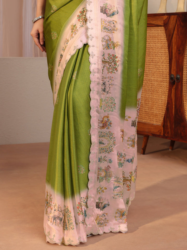 Fern Green Chiffon Saree Wth Printed Border