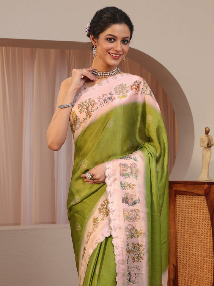 Fern Green Chiffon Saree Wth Printed Border