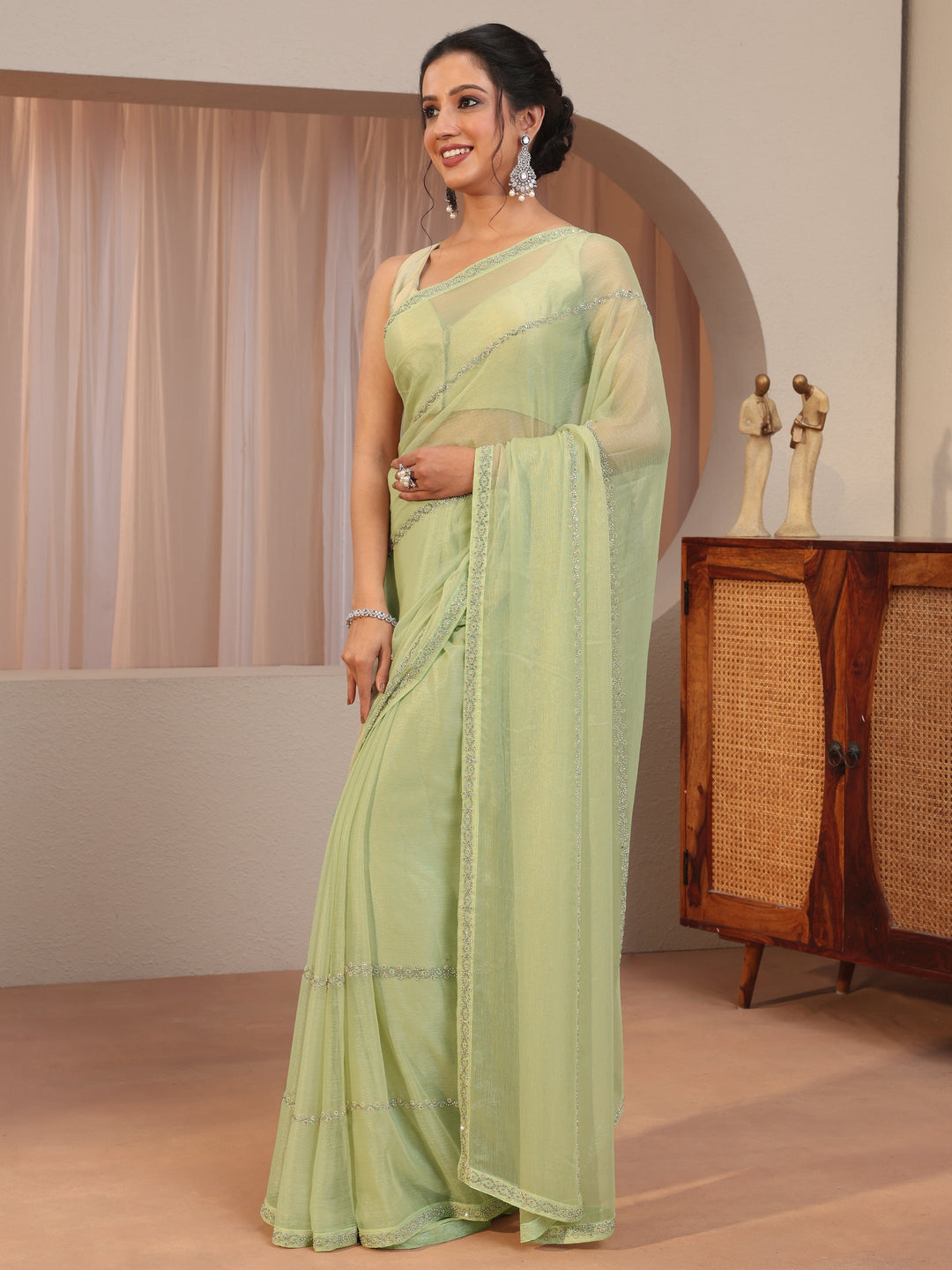 Mint Green Embellished Chiffon Saree