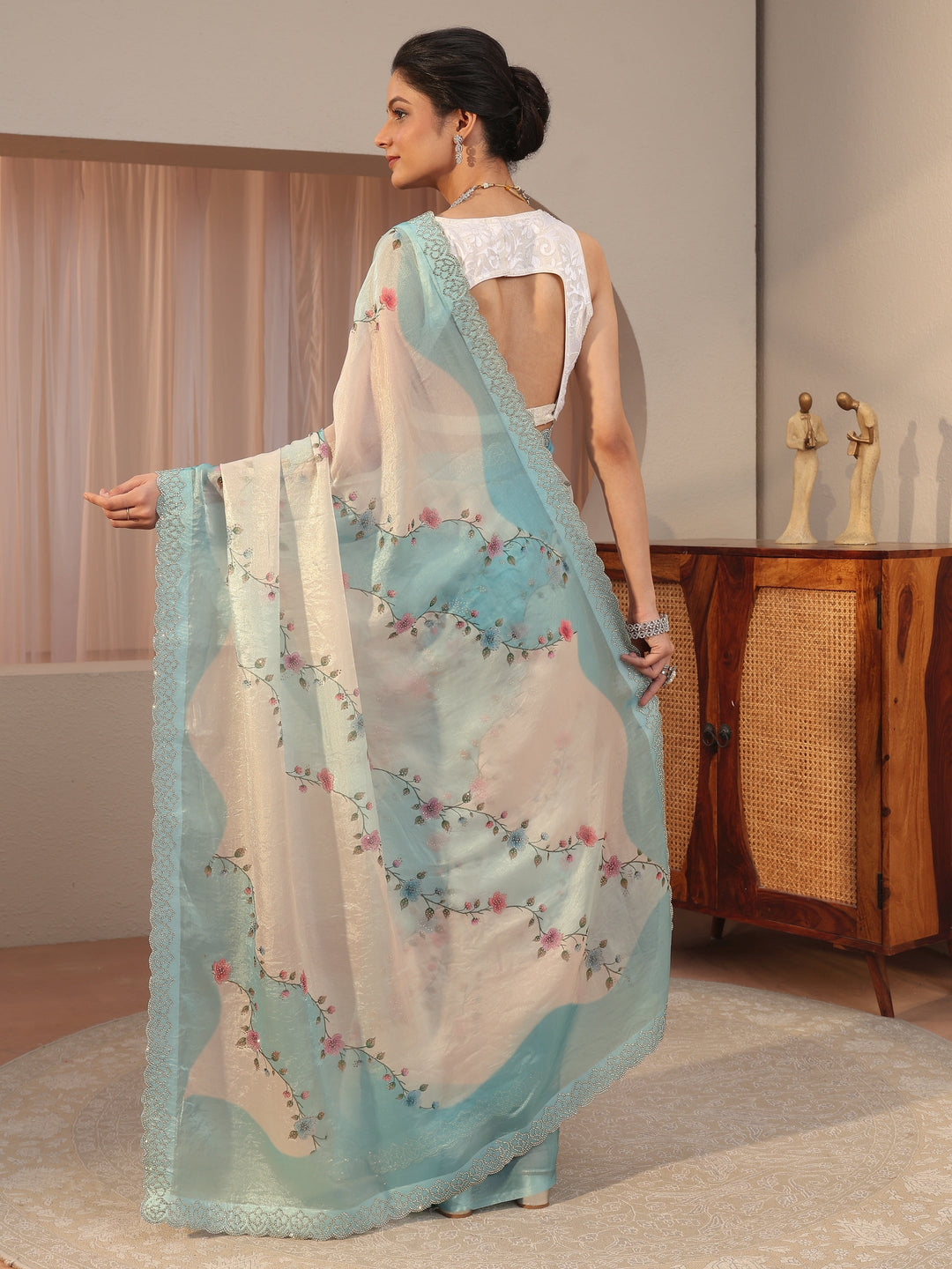 Baby Blue And Ivory Embellished Tissue Saree