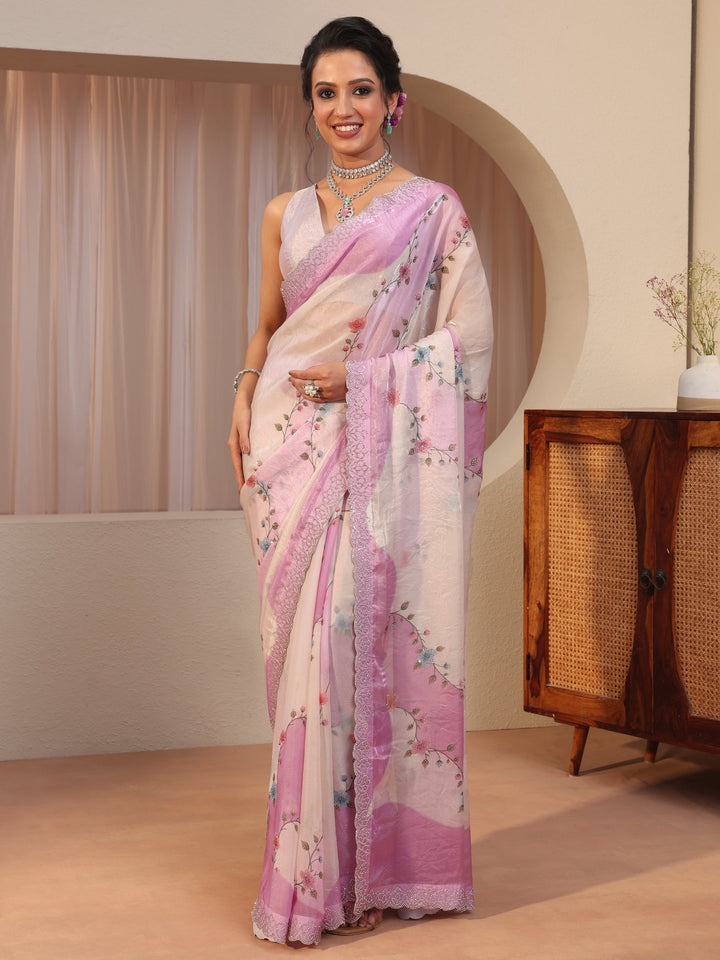 Baby Pink And Ivory Embellished Tissue Saree