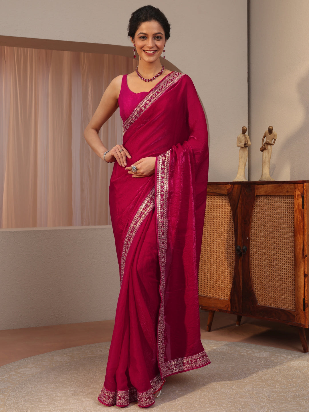 Magenta Pink Embellished Border Tissue Saree