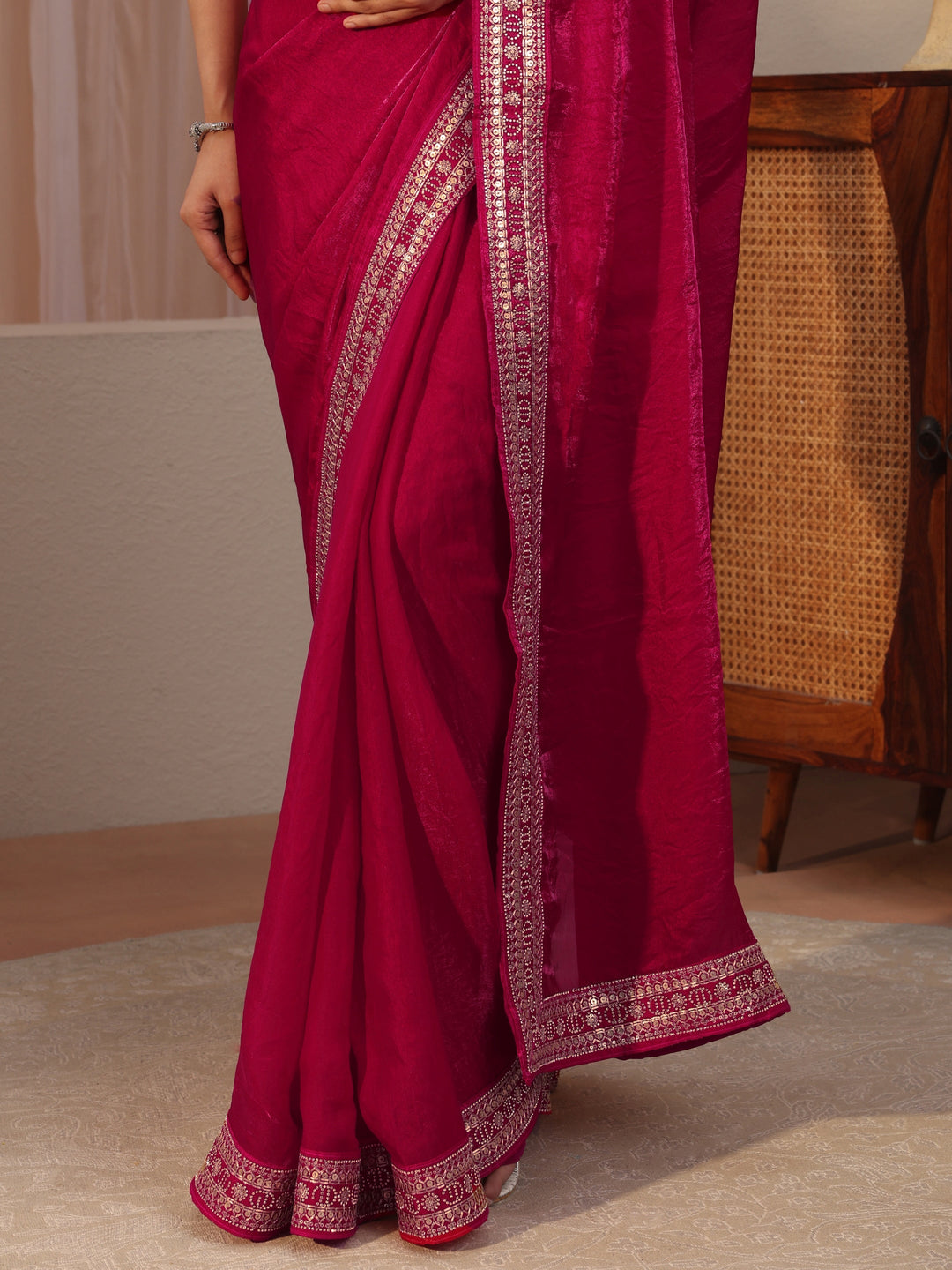 Magenta Pink Embellished Border Tissue Saree