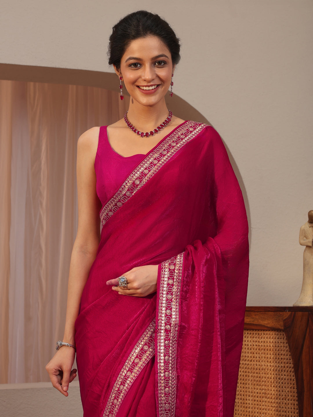 Magenta Pink Embellished Border Tissue Saree