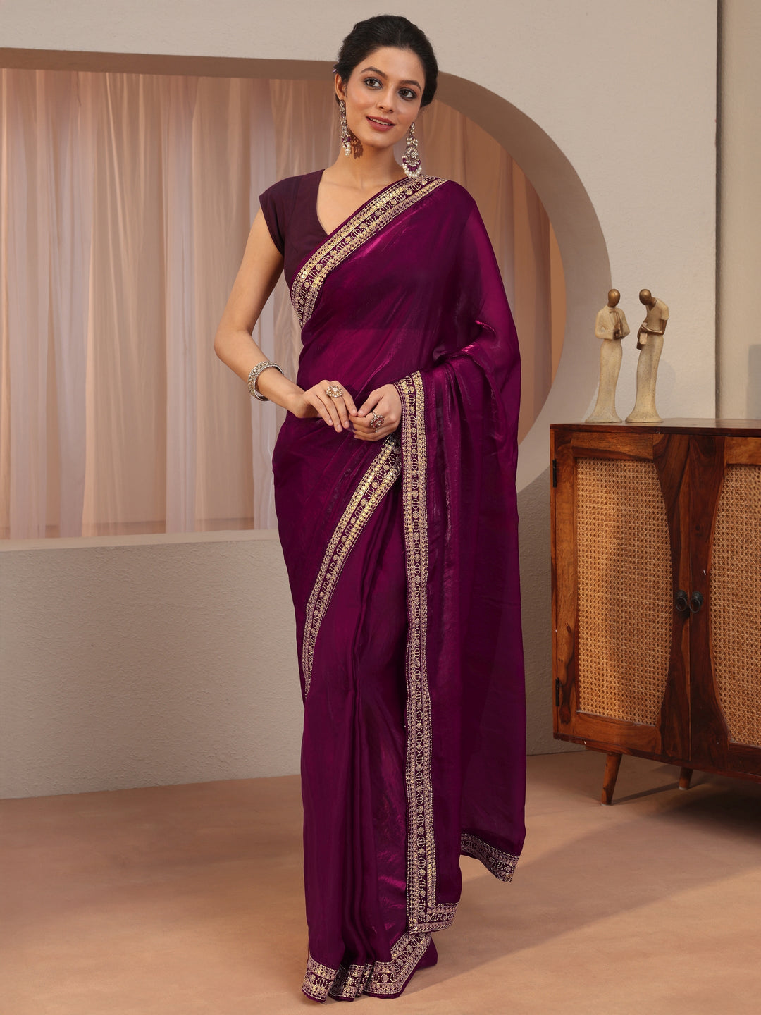 Burgundy Embellished Border Tissue Saree