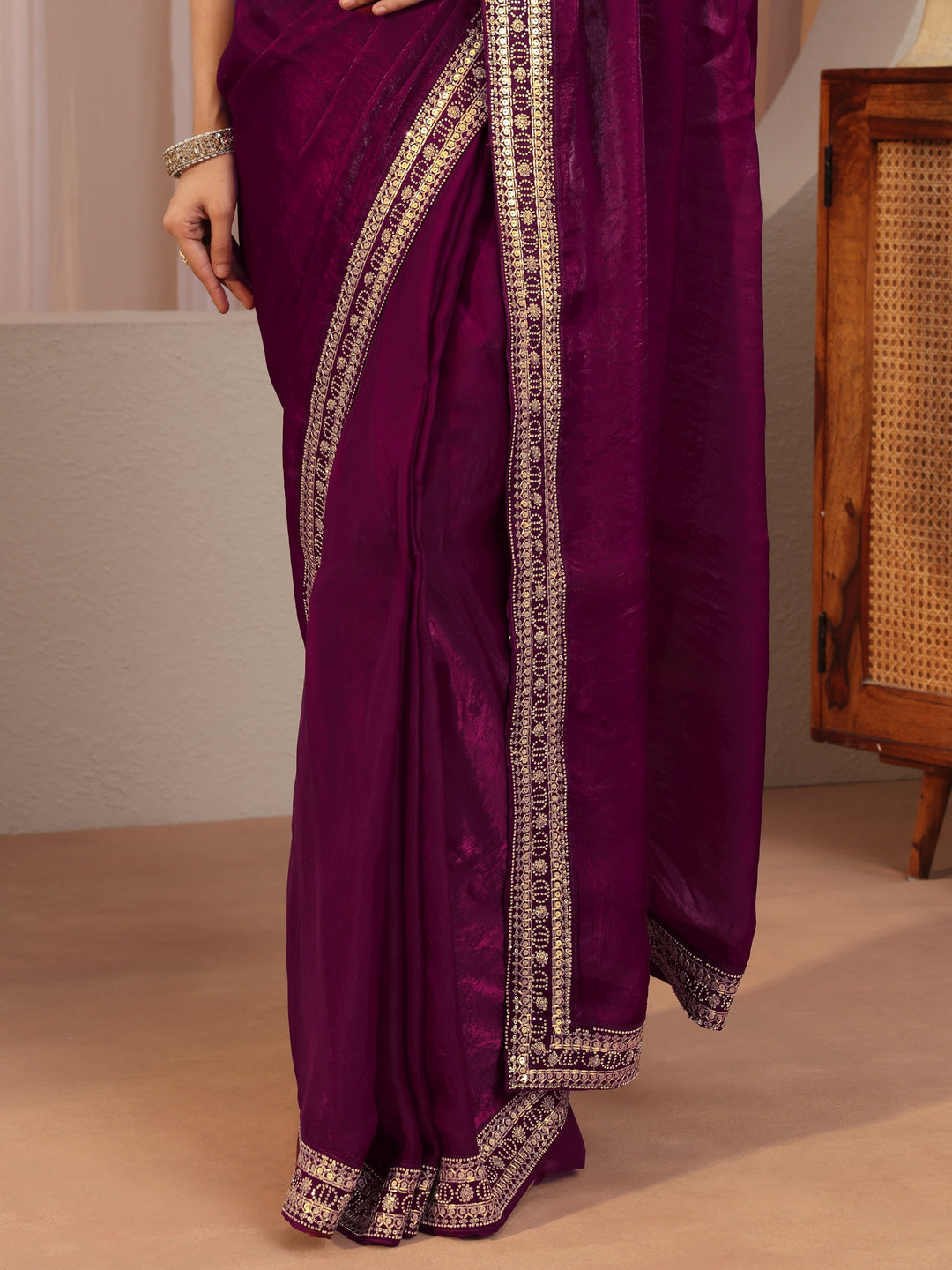 Burgundy Embellished Border Tissue Saree