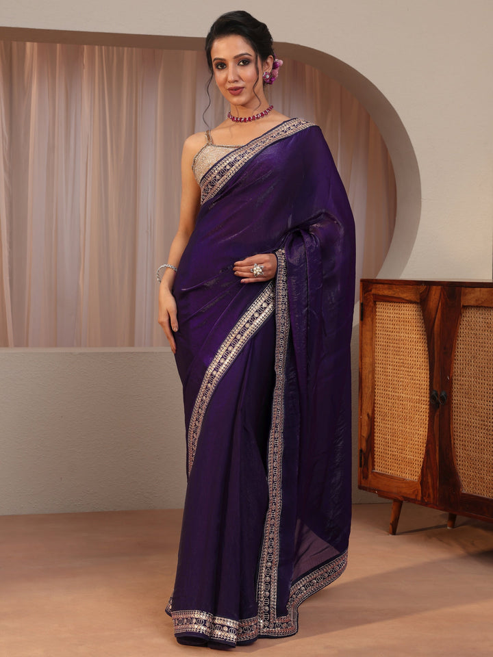 Regal Purple Embellished Border Tissue Saree
