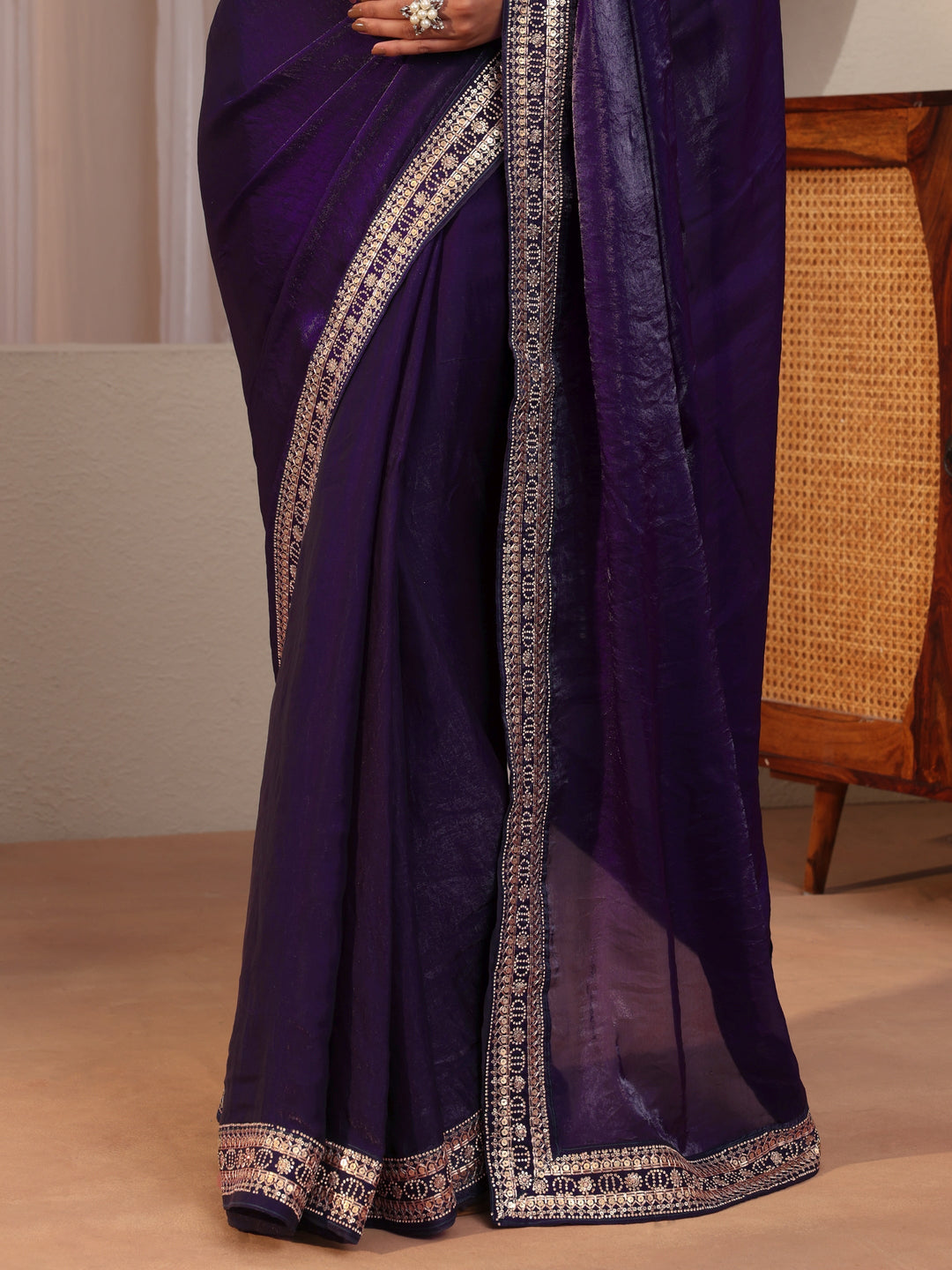 Regal Purple Embellished Border Tissue Saree