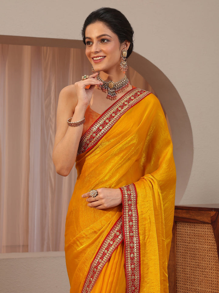 Sunglow Yellow Embellished Border Tissue Saree