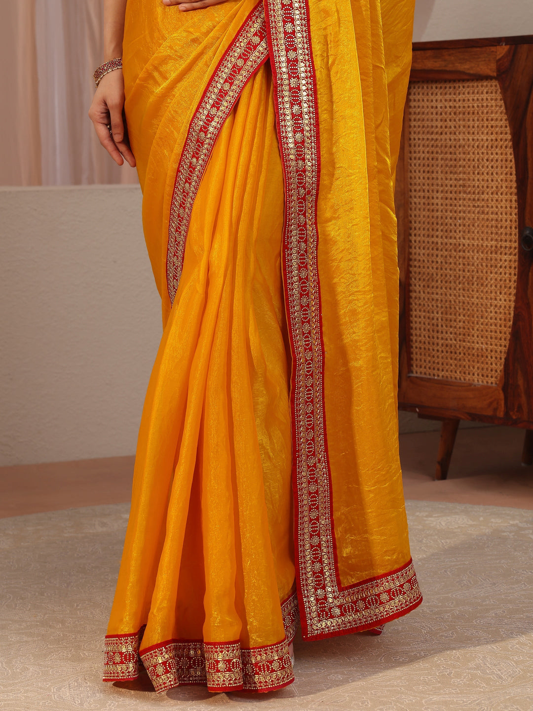 Sunglow Yellow Embellished Border Tissue Saree