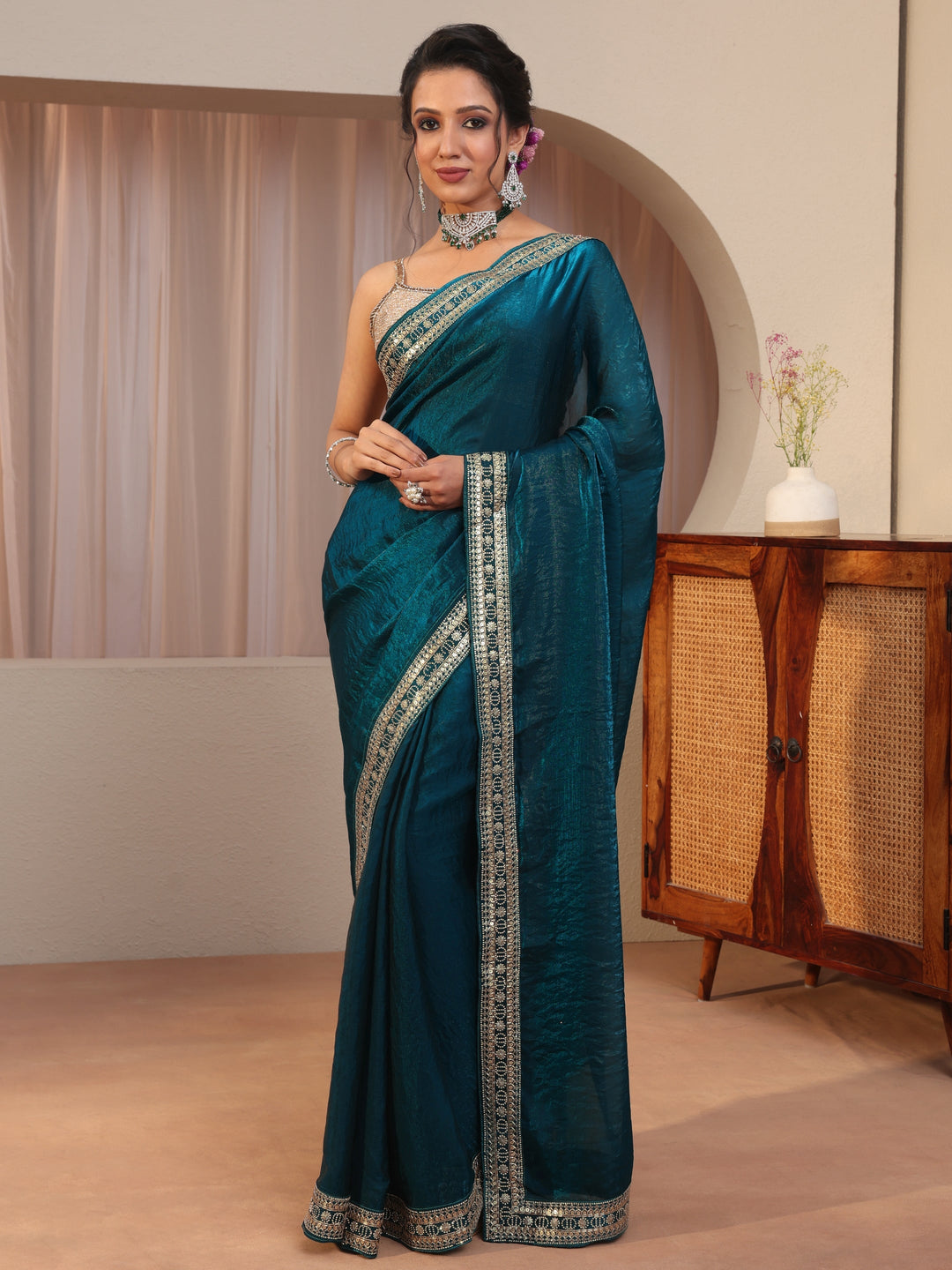 Persian Blue Embellished Border Tissue Saree