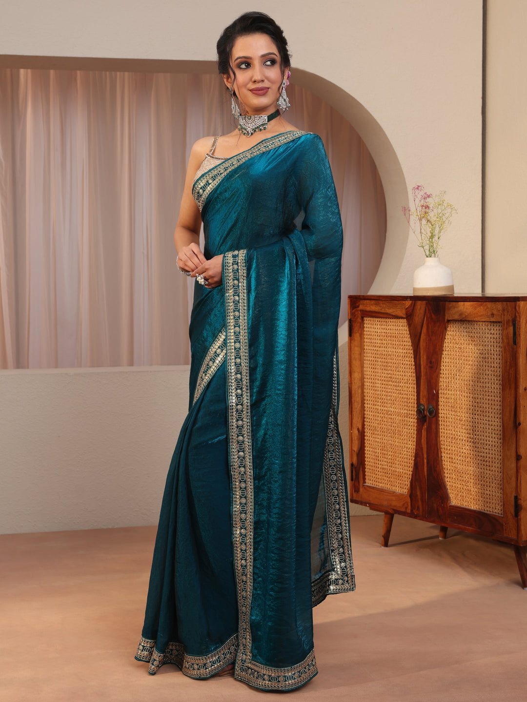Persian Blue Embellished Border Tissue Saree