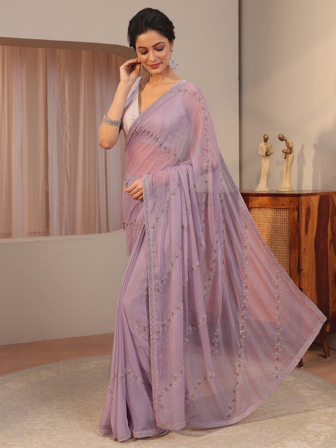 Lavender Embellished Chiffon Saree