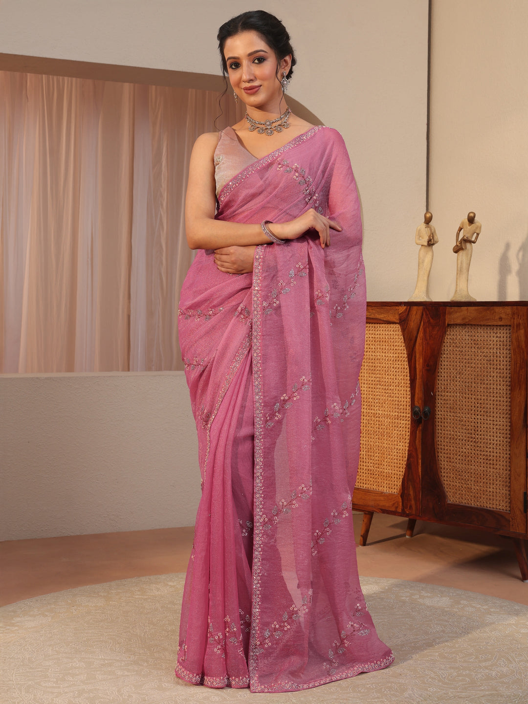 Dusty Pink Embellished Tissue Saree