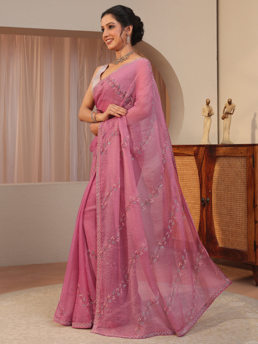 Dusty Pink Embellished Tissue Saree