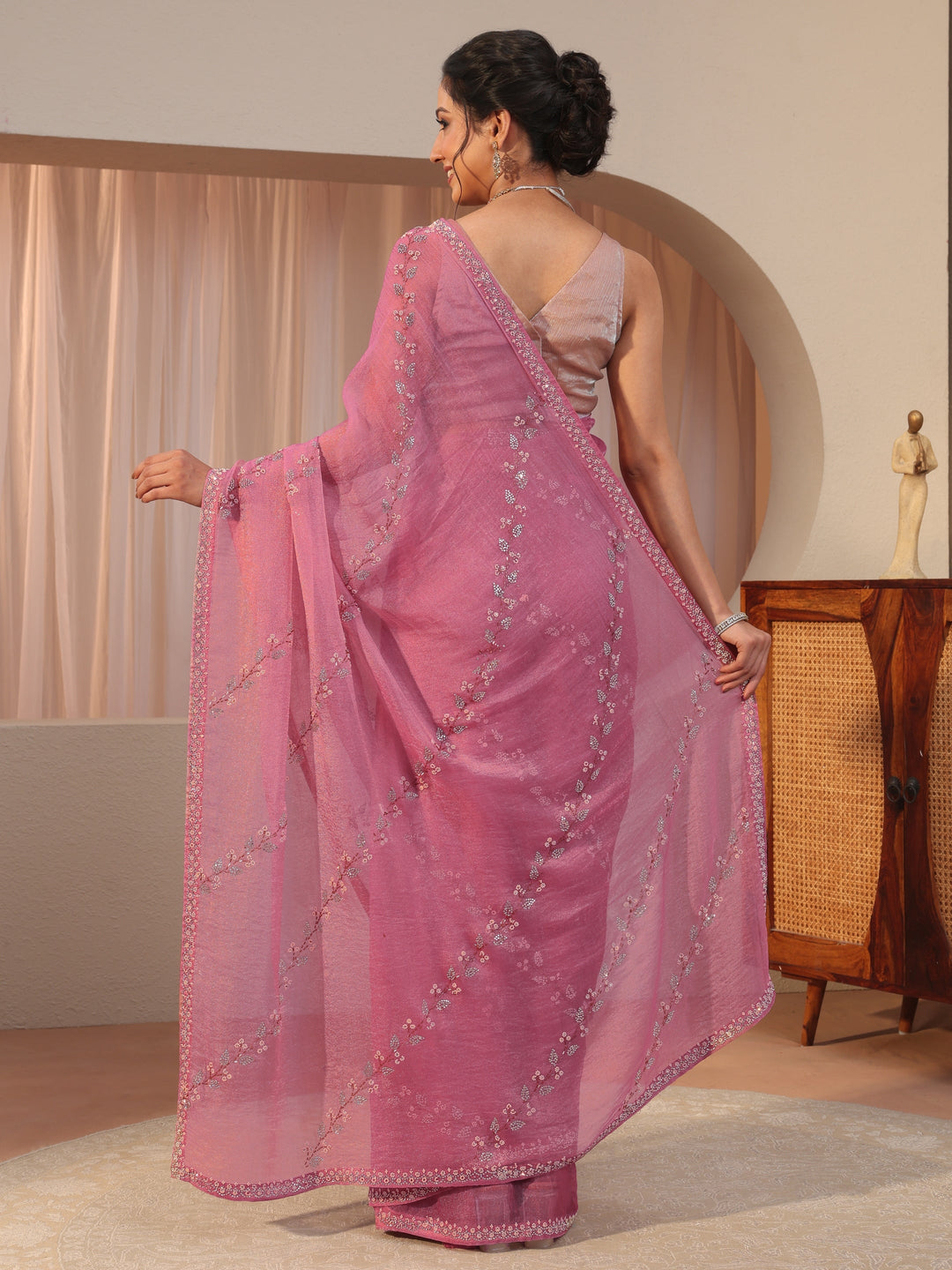 Dusty Pink Embellished Tissue Saree