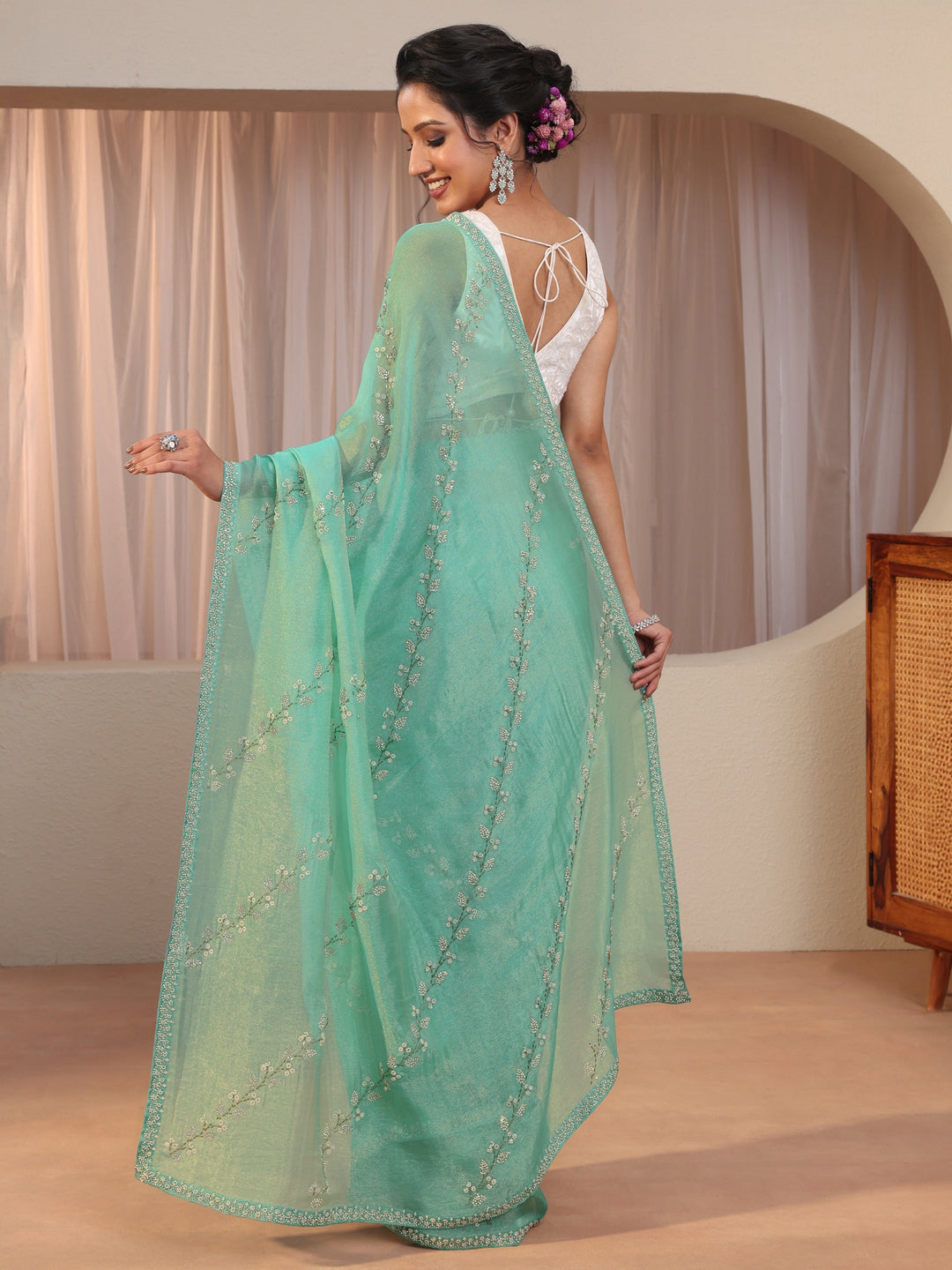 Aqua Blue Embellished Tissue Saree