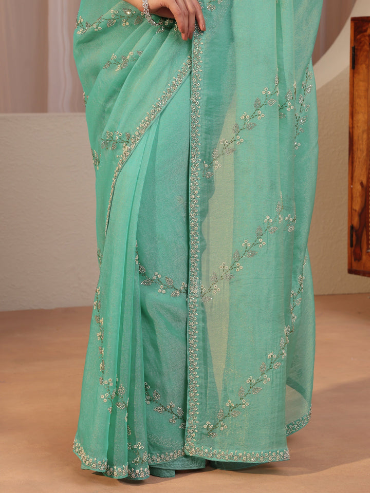 Aqua Blue Embellished Tissue Saree