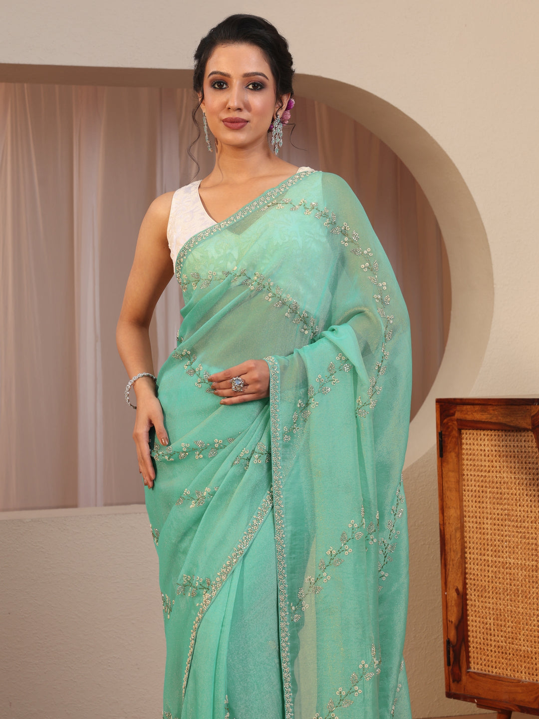 Aqua Blue Embellished Tissue Saree