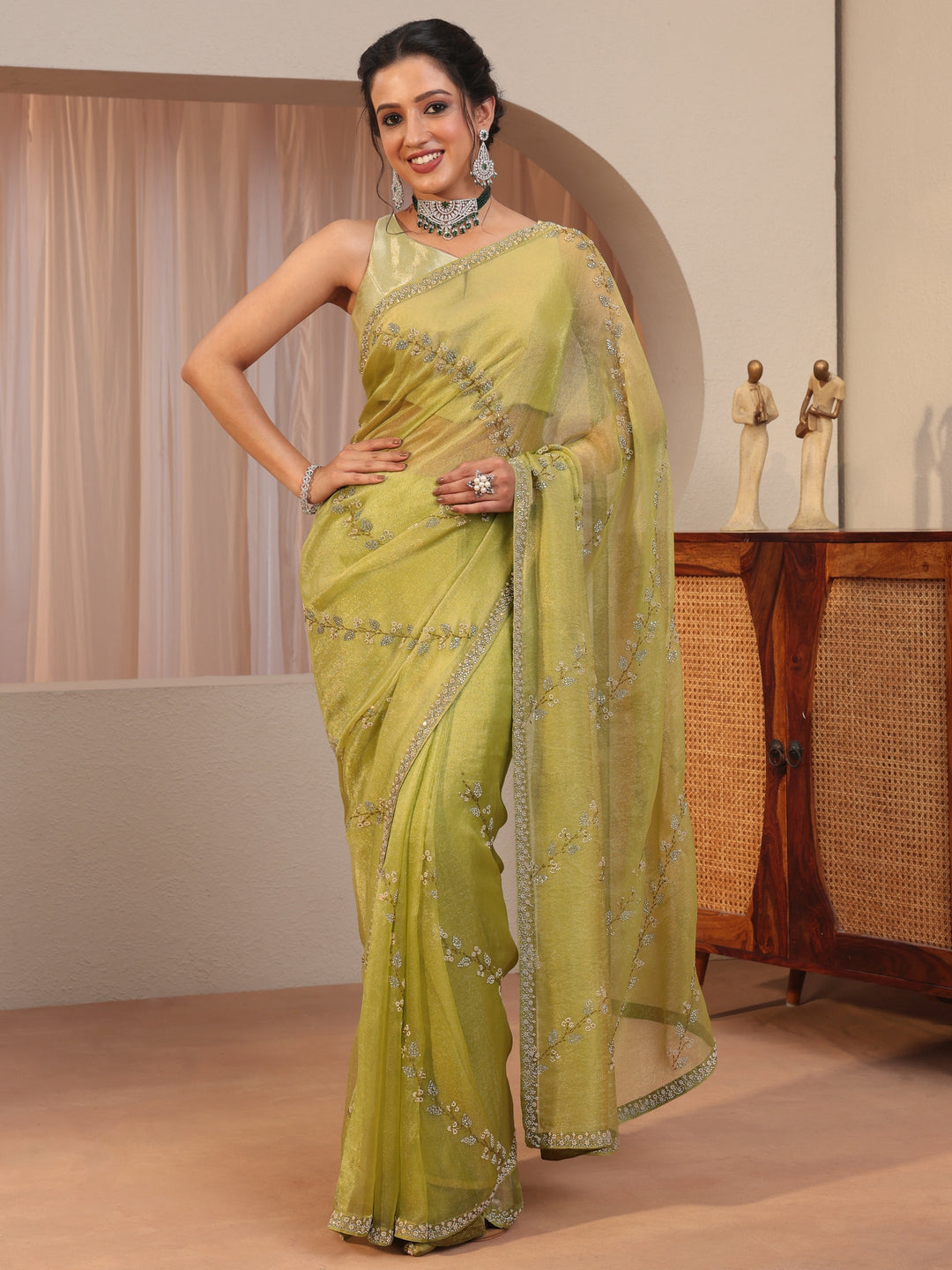 Light Green Embellished Tissue Saree