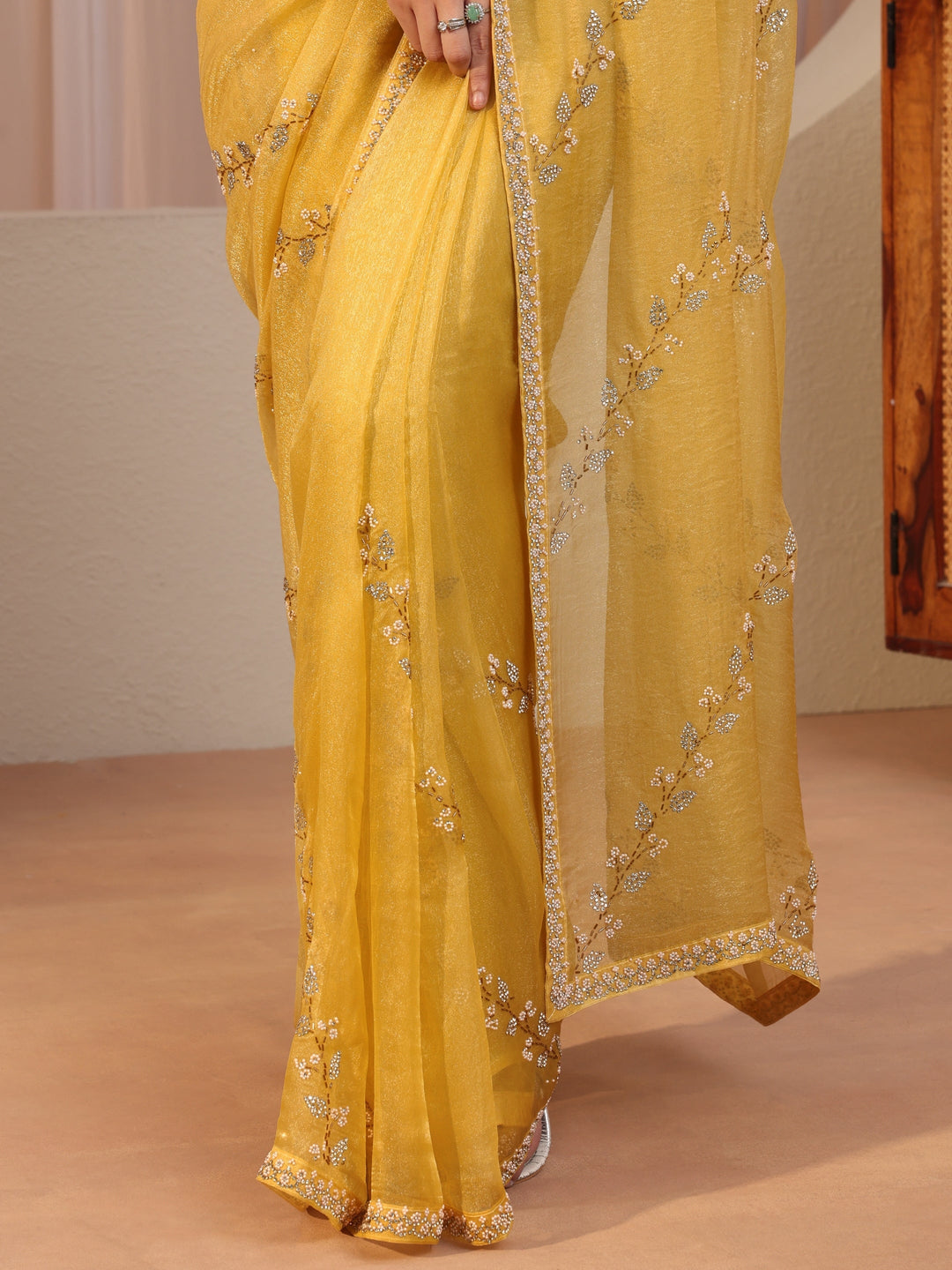 Canary Yellow Embellished Tissue Saree