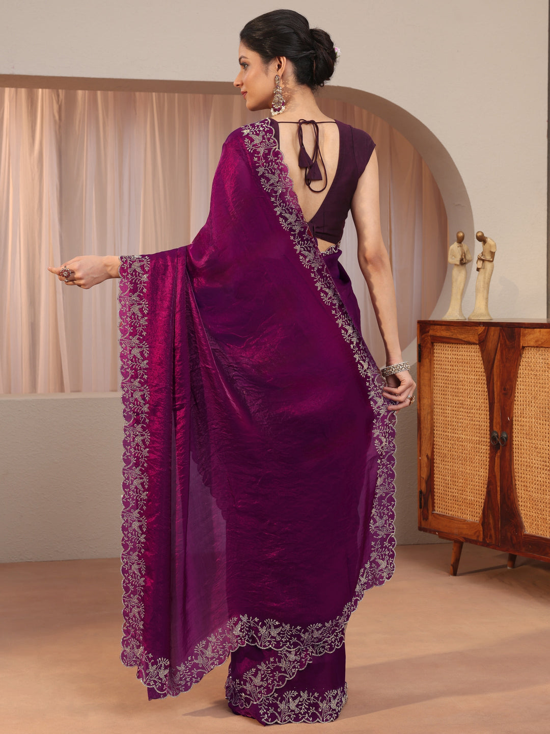 Burgundy Tissue Saree With Embroidered Border