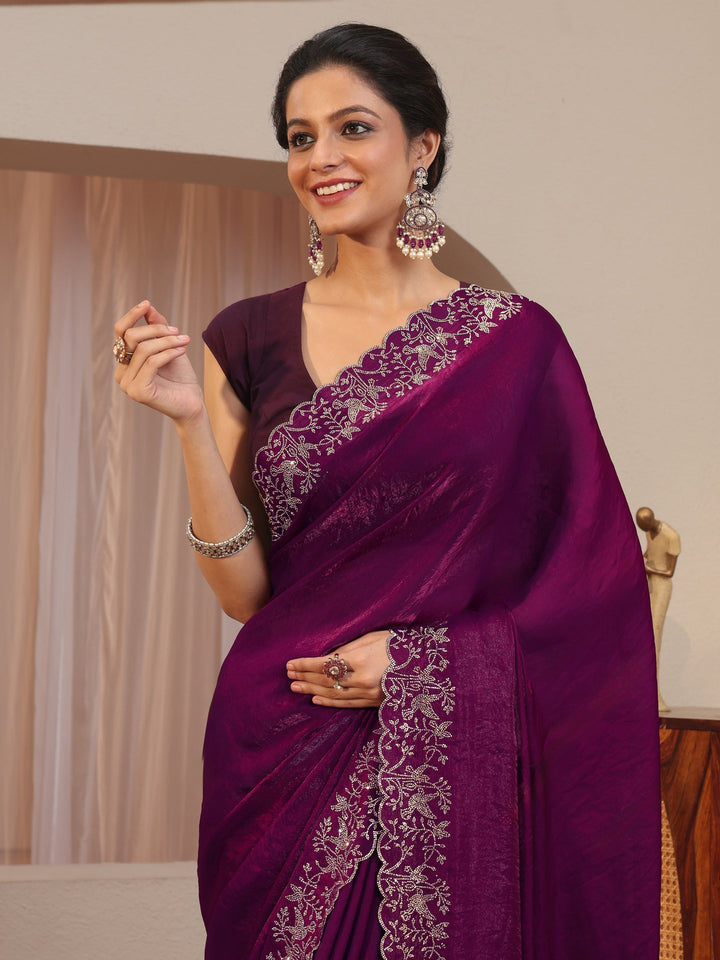 Burgundy Tissue Saree With Embroidered Border