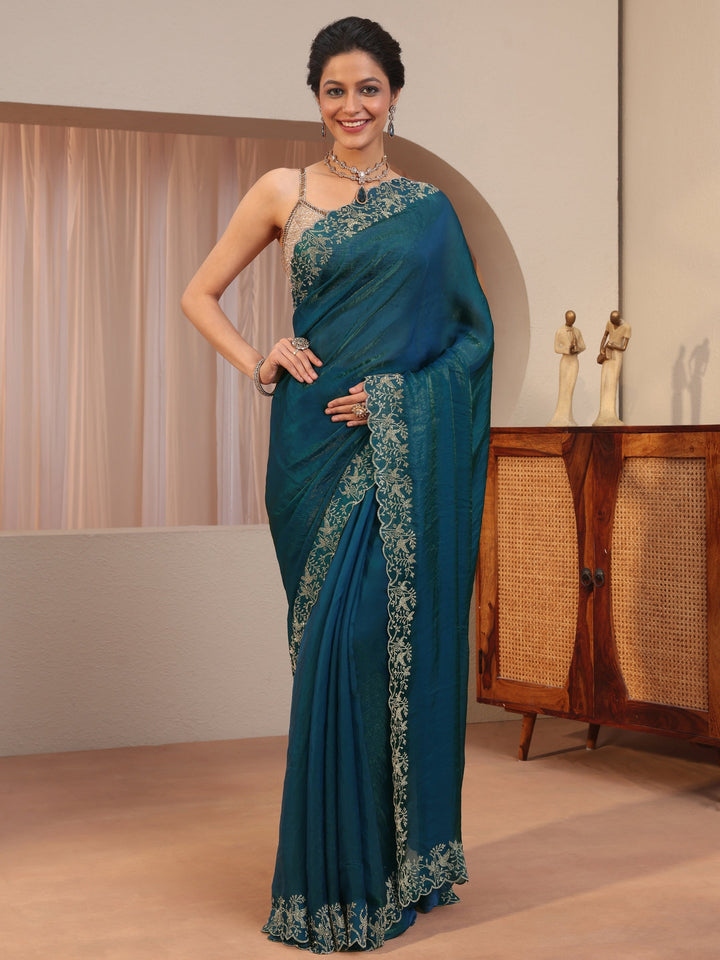 Pacific Blue Tissue Saree With Embroidered Border