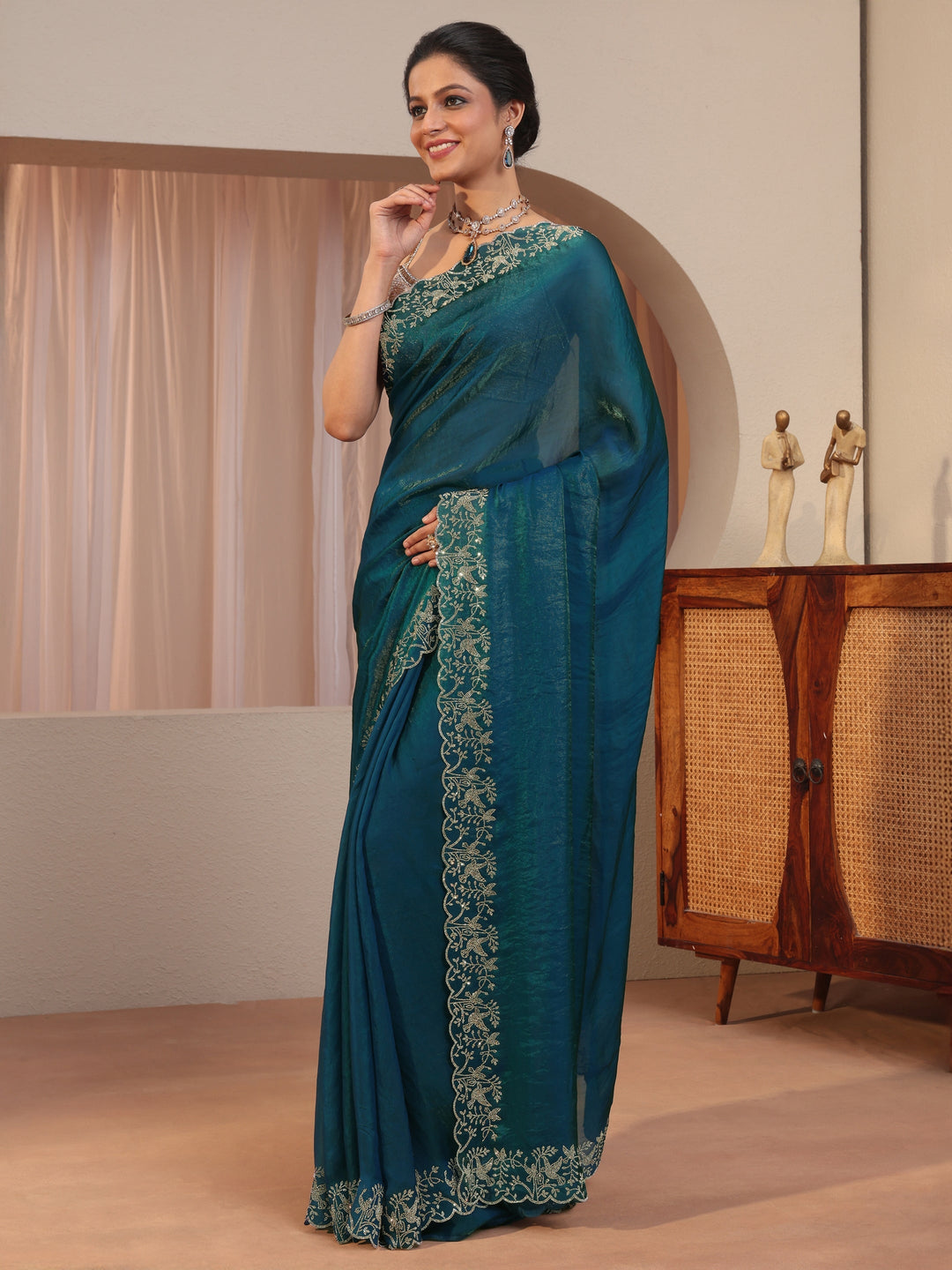 Pacific Blue Tissue Saree With Embroidered Border