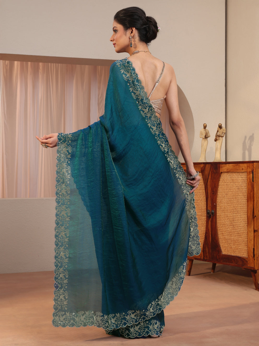 Pacific Blue Tissue Saree With Embroidered Border