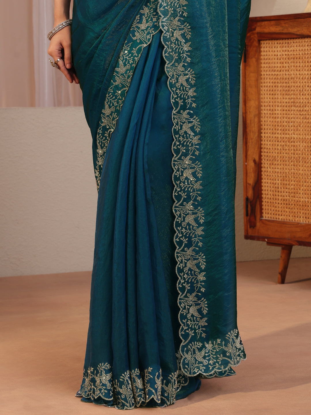 Pacific Blue Tissue Saree With Embroidered Border