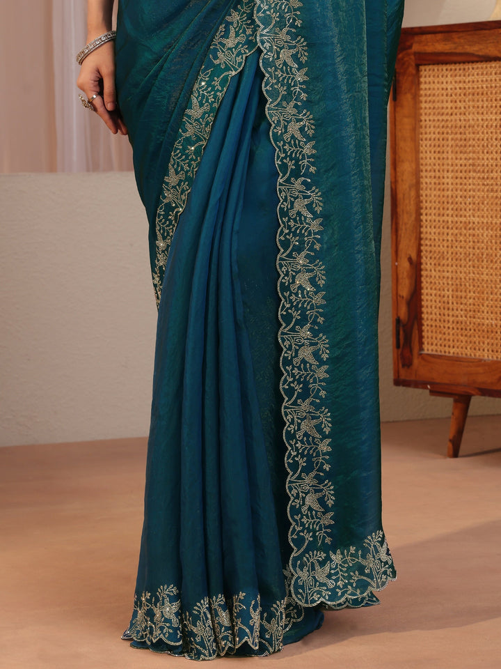 Pacific Blue Tissue Saree With Embroidered Border
