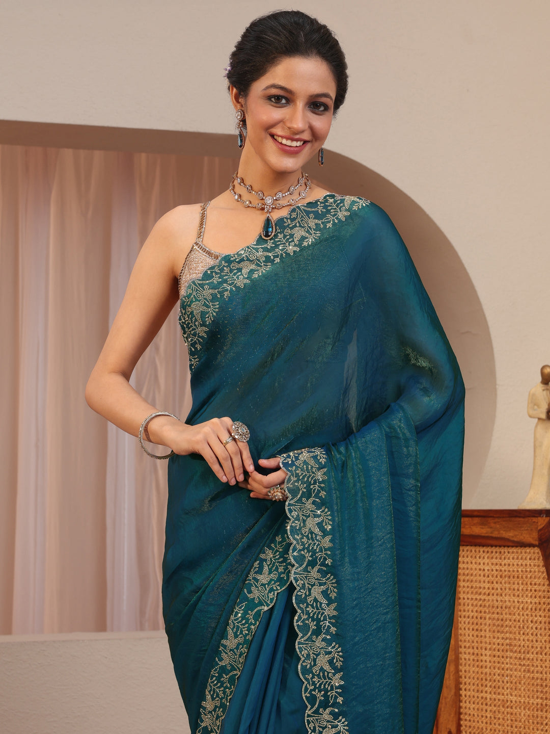 Pacific Blue Tissue Saree With Embroidered Border