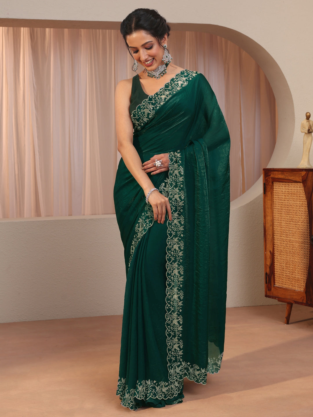 Green Tissue Saree With Embroidered Border