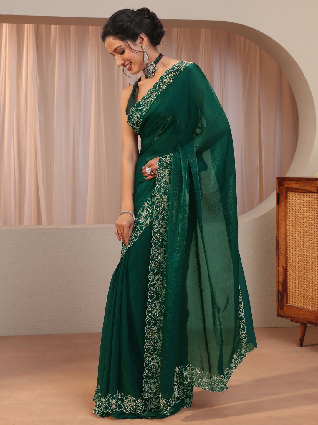 Green Tissue Saree With Embroidered Border