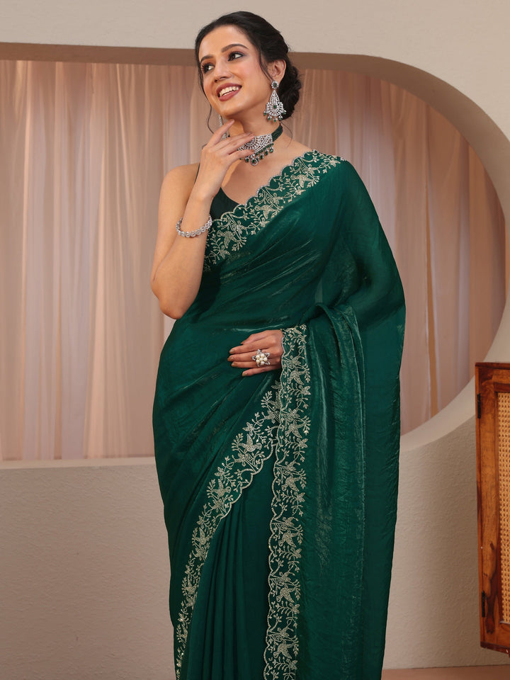 Green Tissue Saree With Embroidered Border
