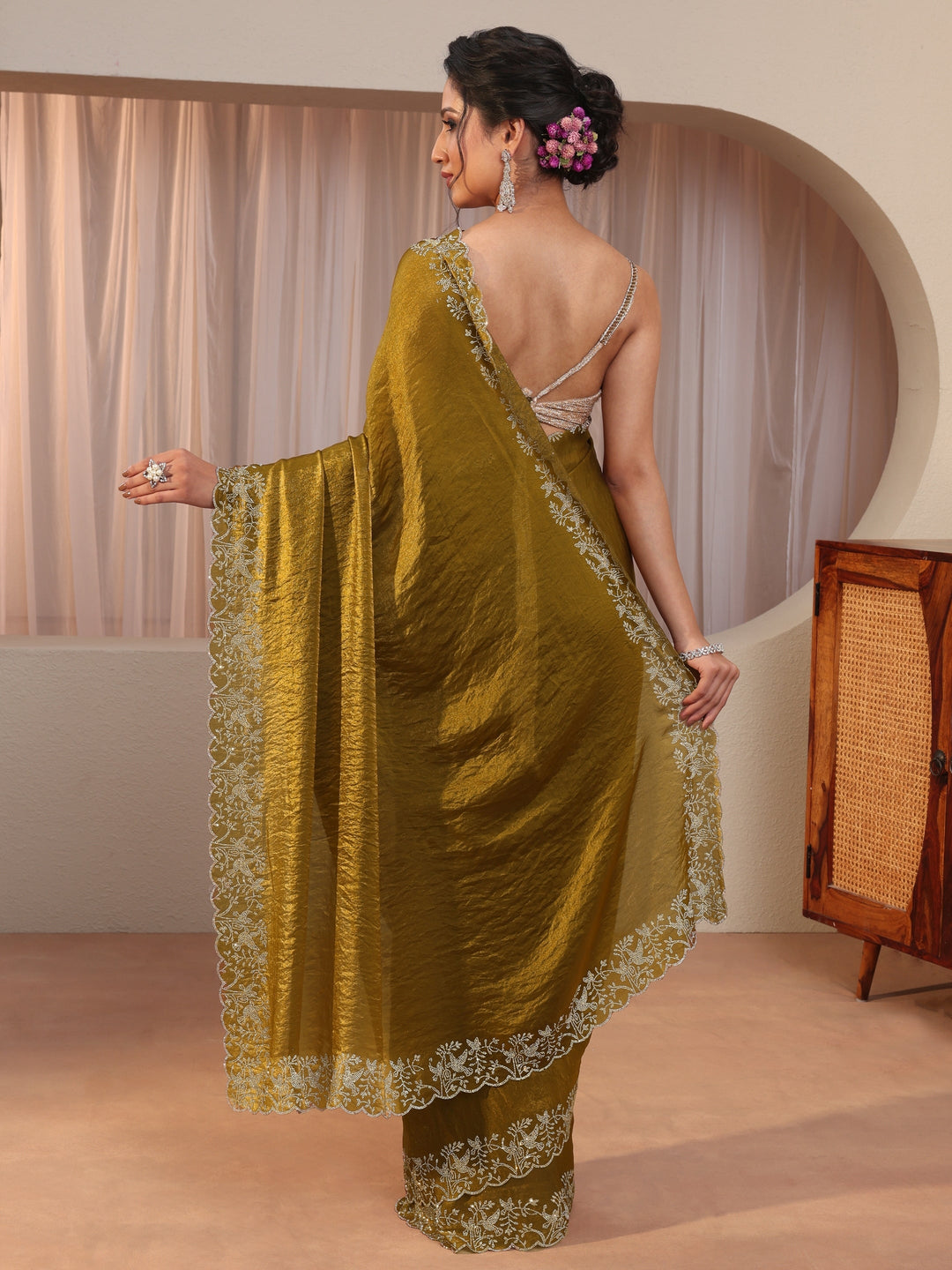 Antique Gold Tissue Saree With Embroidered Border